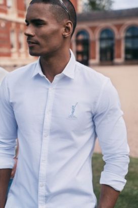 A Man Wearing Dusty Blue Shirt